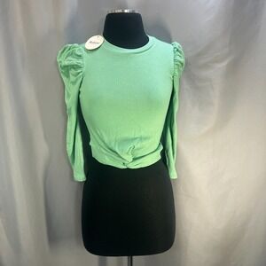 Arshiner Ribbed Knit Top Girls 7-8 Mint Green Stretch Twist Front Puff Sleeve